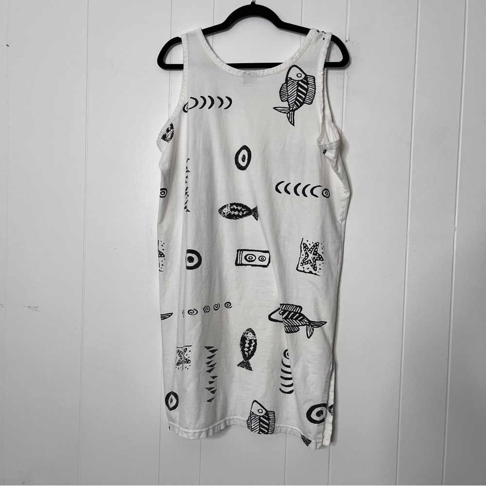 IN Gear Swim Coverup Tank Dress White with Black Fish Print 100% Rayon XL - Picture 2 of 8